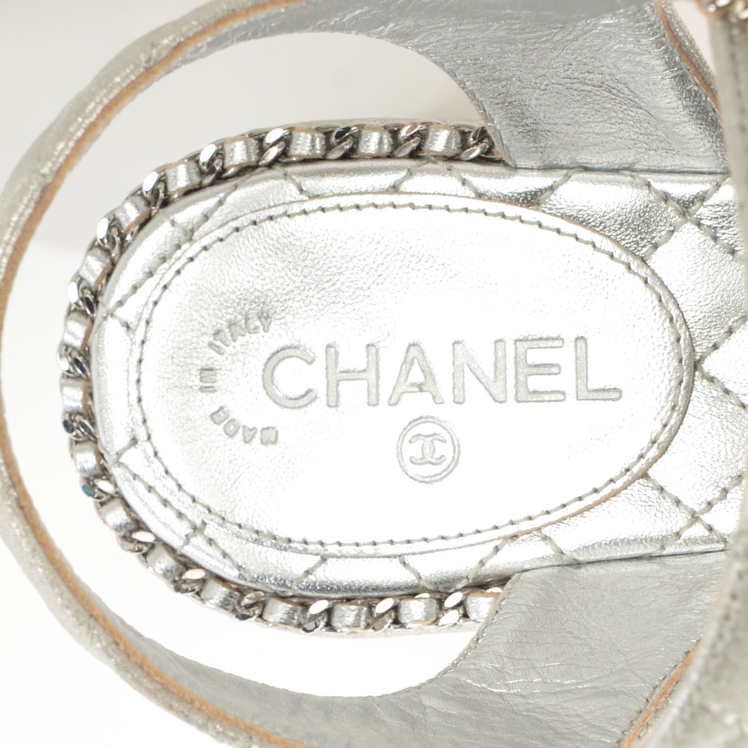 Chanel Metallic Goatskin Quilted Chain Sandals 37 Silver 8 of 8