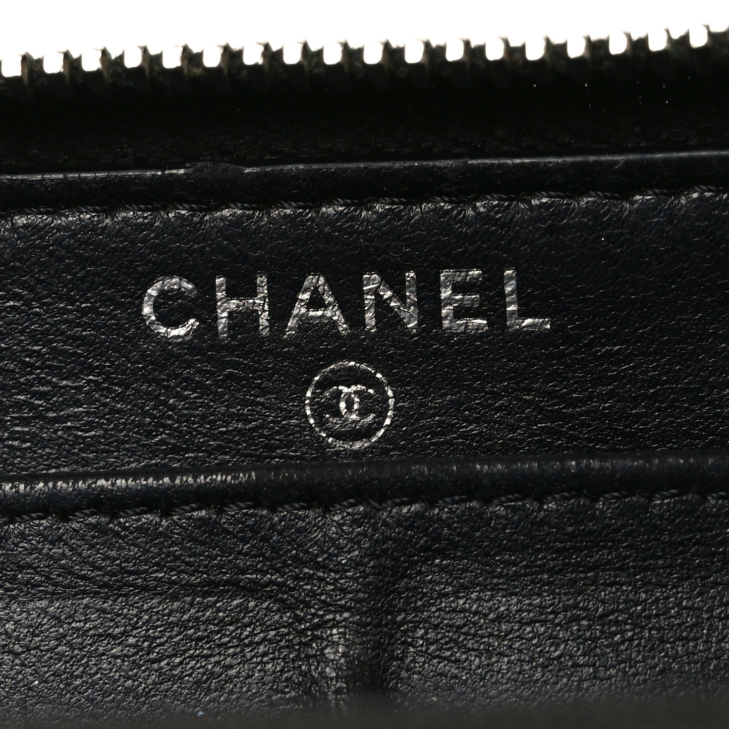 Lambskin Camellia Embossed Large Zip Around Gusset Wallet Black White