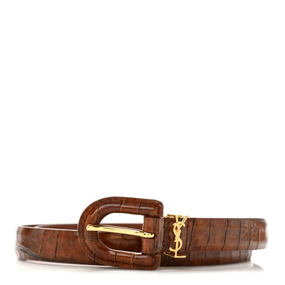 Saint Laurent Calfskin Crocodile Embossed Monogram Buckle Belt 75 30 Vegetable Brown 1 of 6