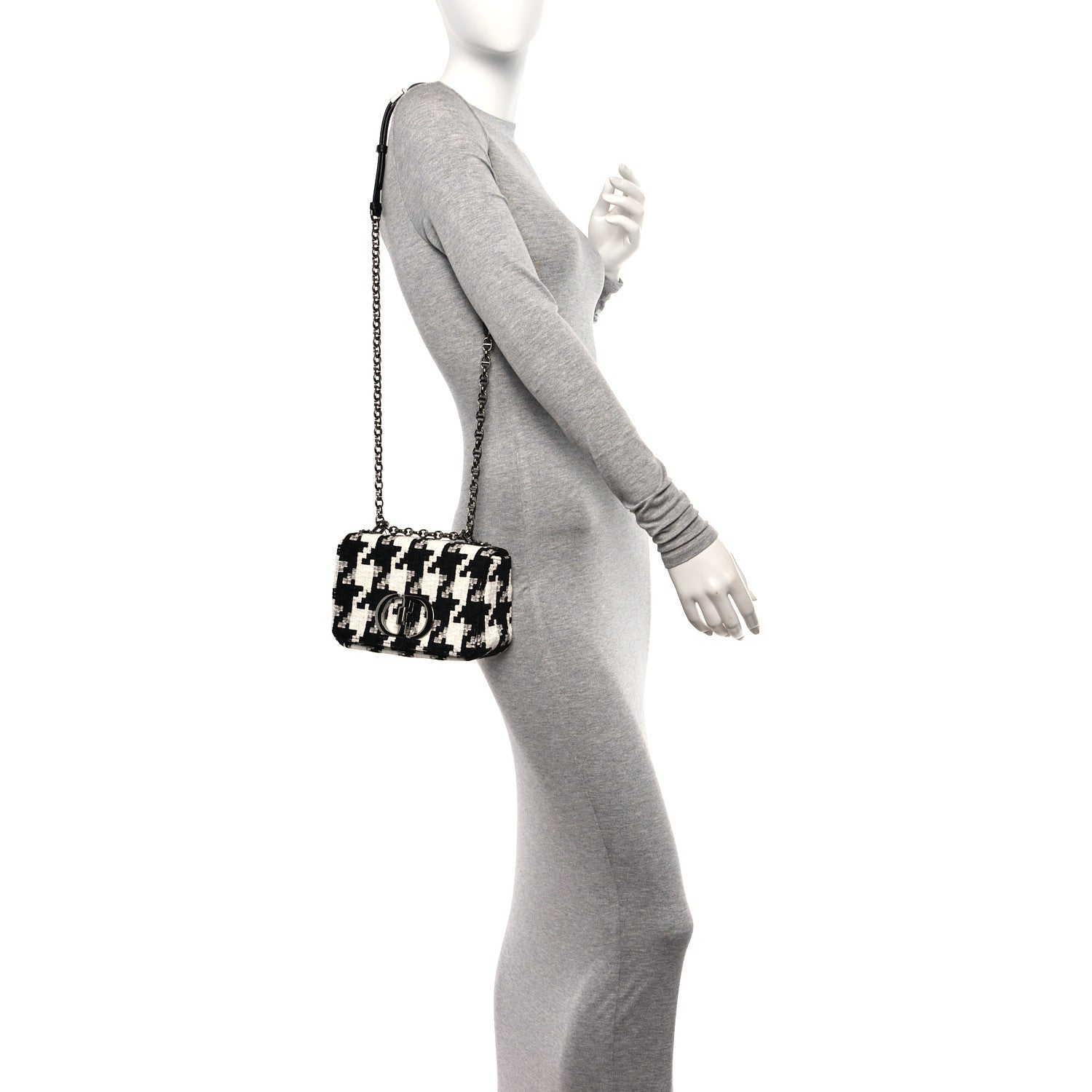 Christian Dior Tweed Macro Houndstooth Small Caro Bag Black White 2 of 11
