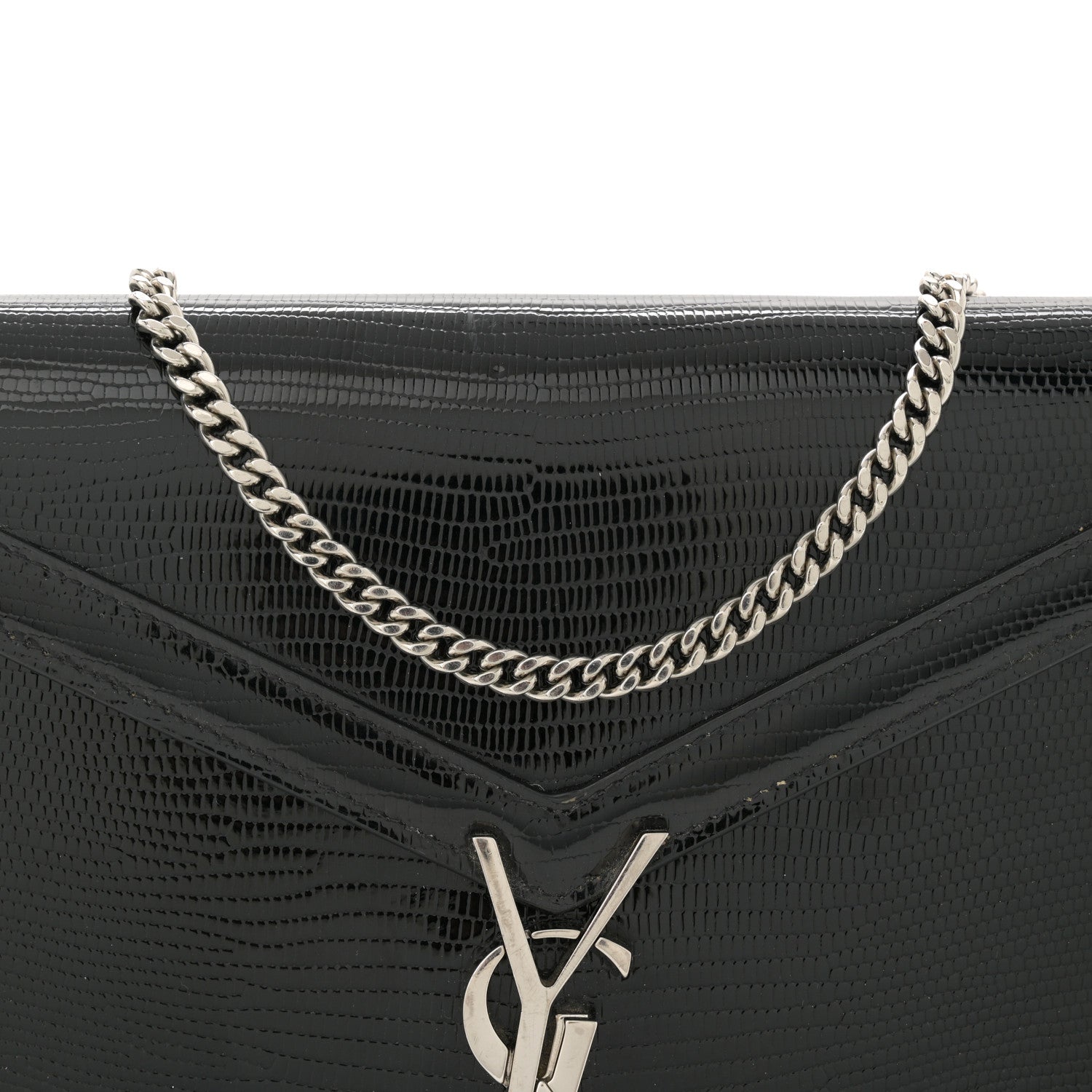 Saint Laurent Calfskin Lizard Embossed Monogram Cassandra Chain Wallet Black 8 of 13