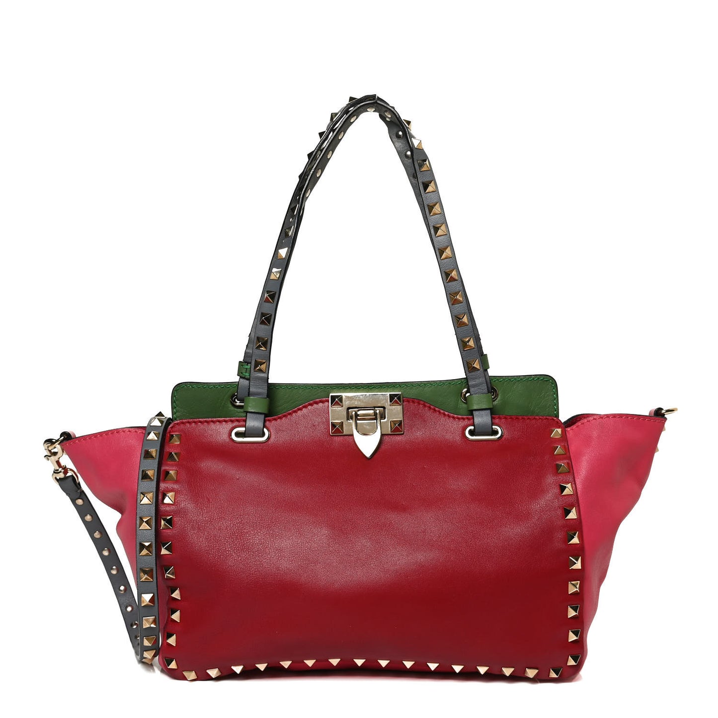 Vitello Colorblock Small Rockstud Tote Deep Rose Clover Grey Scarlet