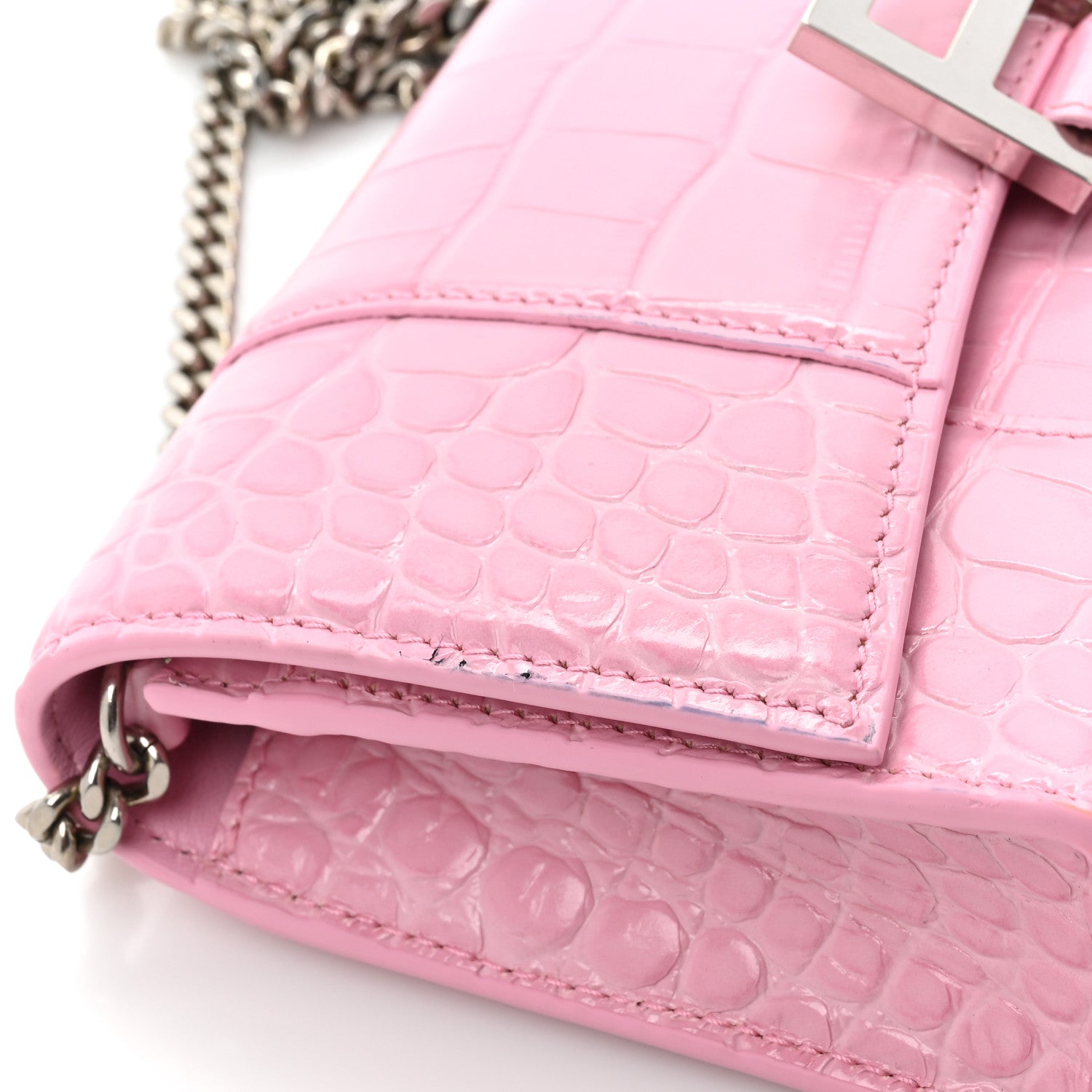 Balenciaga Shiny Calfskin Crocodile Embossed Hourglass Chain Bag Candy Pink 10 of 11
