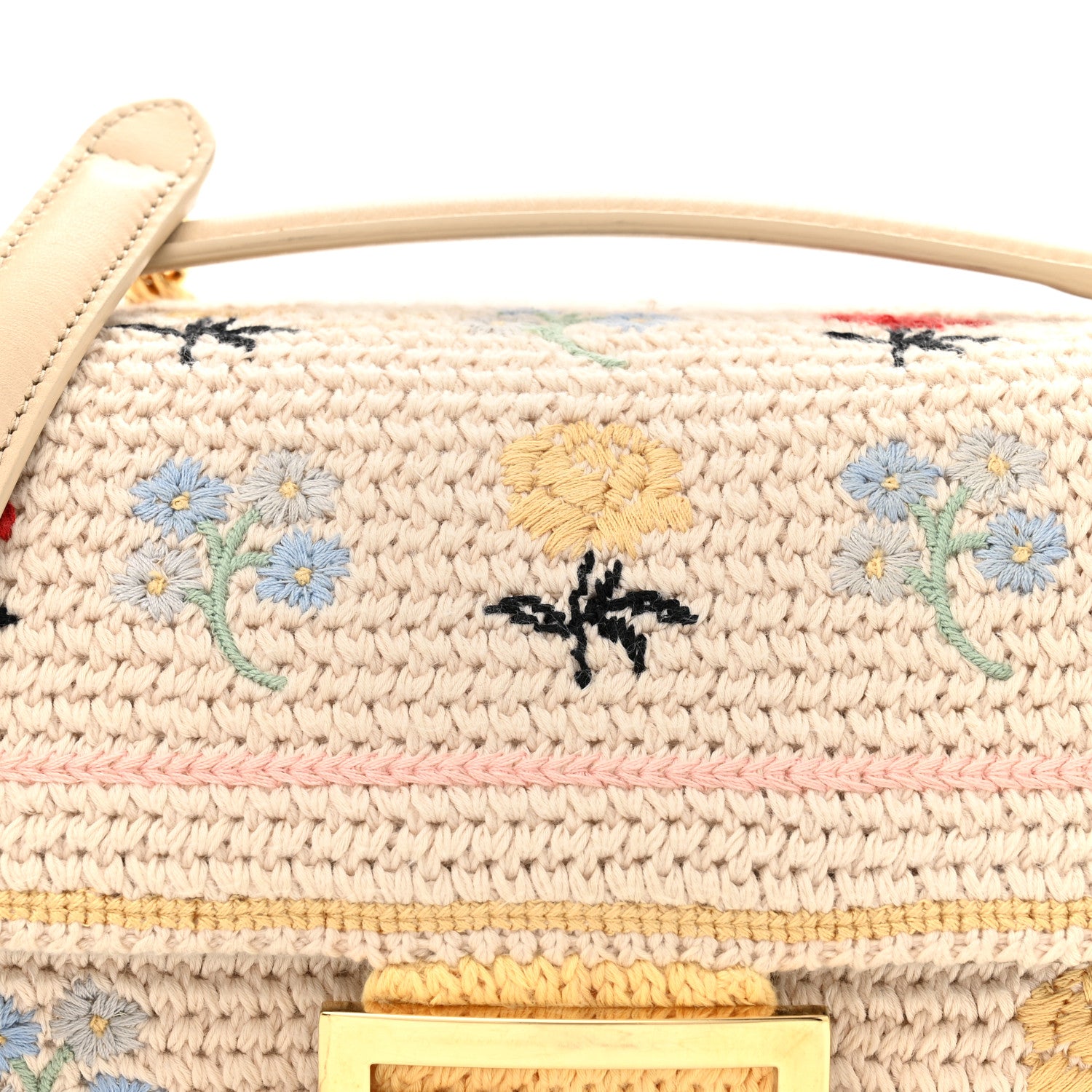 Fendi Cotton Vitello Seta Floral Woven Chain Baguette White Multicolor 8 of 11