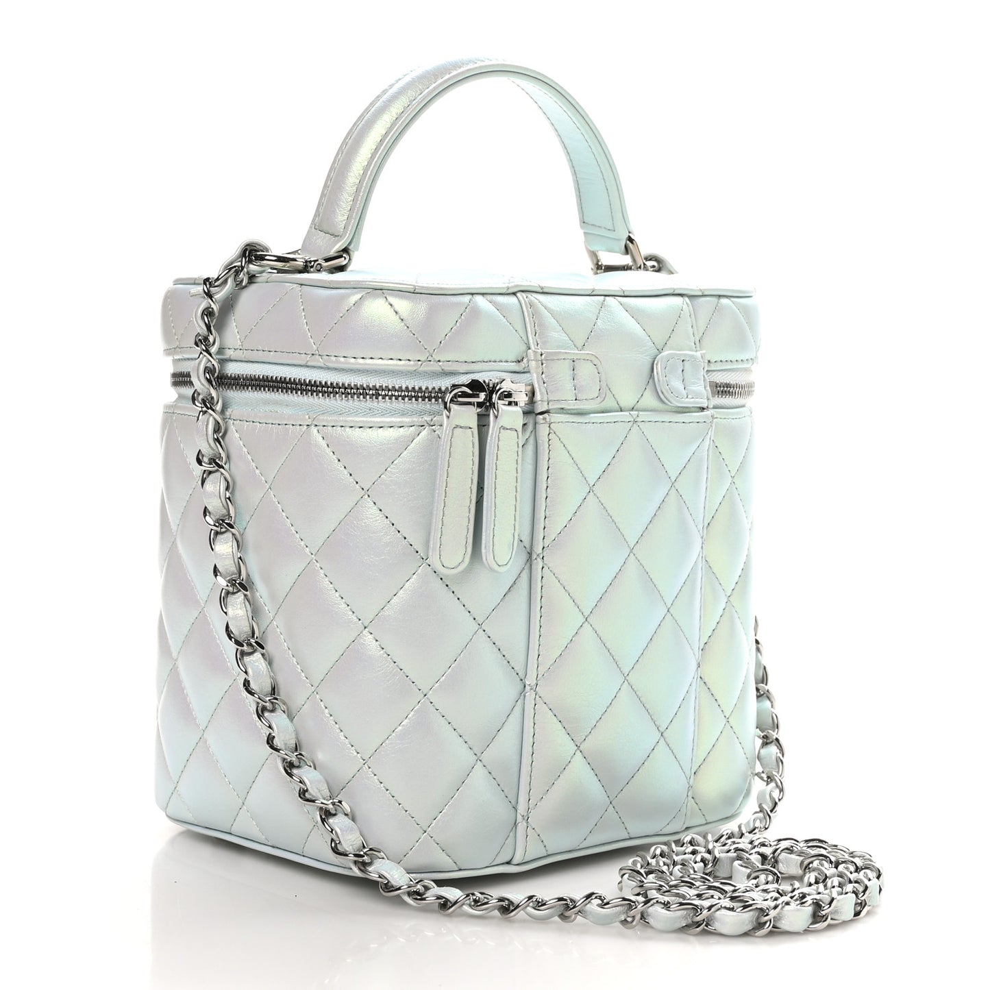 Iridescent Calfskin Quilted Small Top Handle Vanity Case With Chain Blue