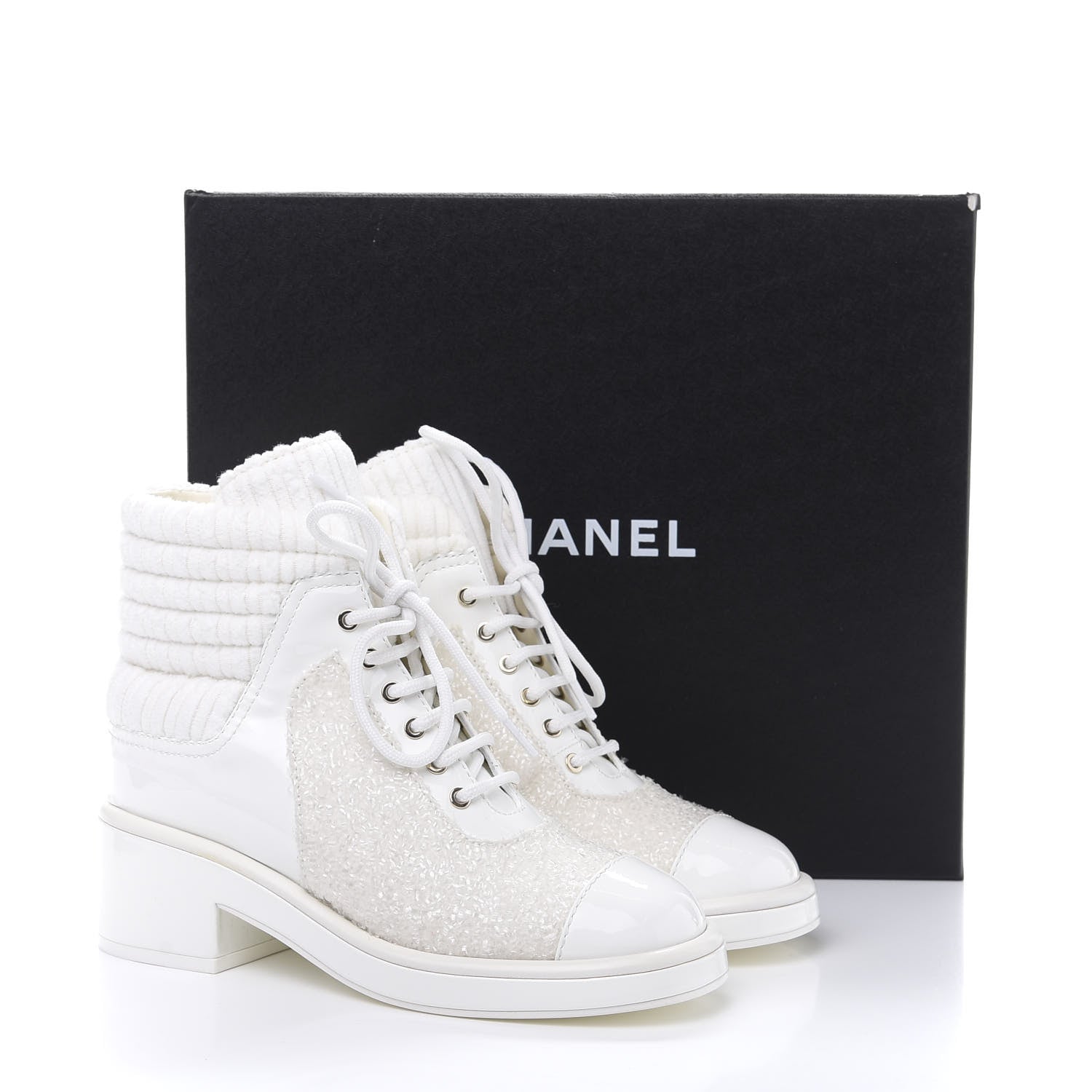 Chanel Tweed Patent Calfskin Velvet Lace Up Boots 37 White 10 of 10
