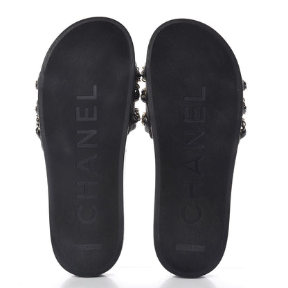 Chanel Calfskin Chain Camellia Flat Sandals 40 Black 8 of 8