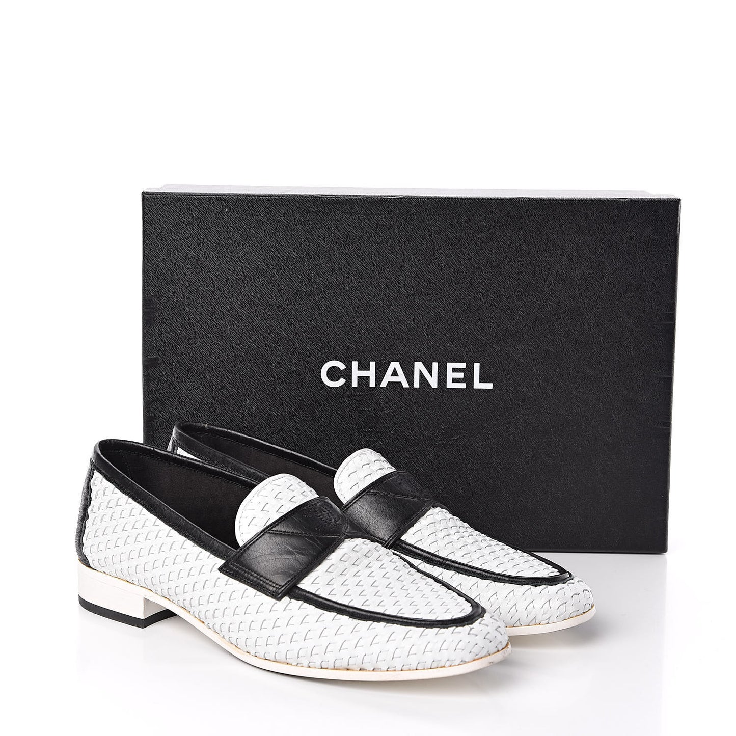 Lambskin Calfskin Braided Mocassin Loafers 38 Black White