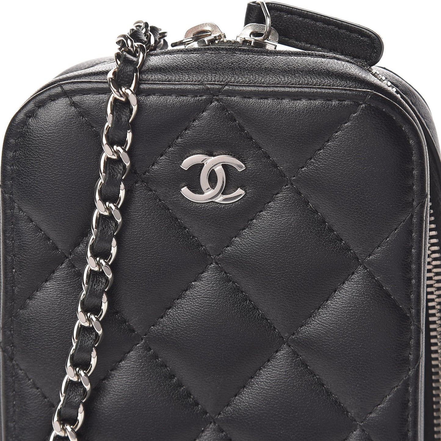 Lambskin Quilted Zip Phone Case Black