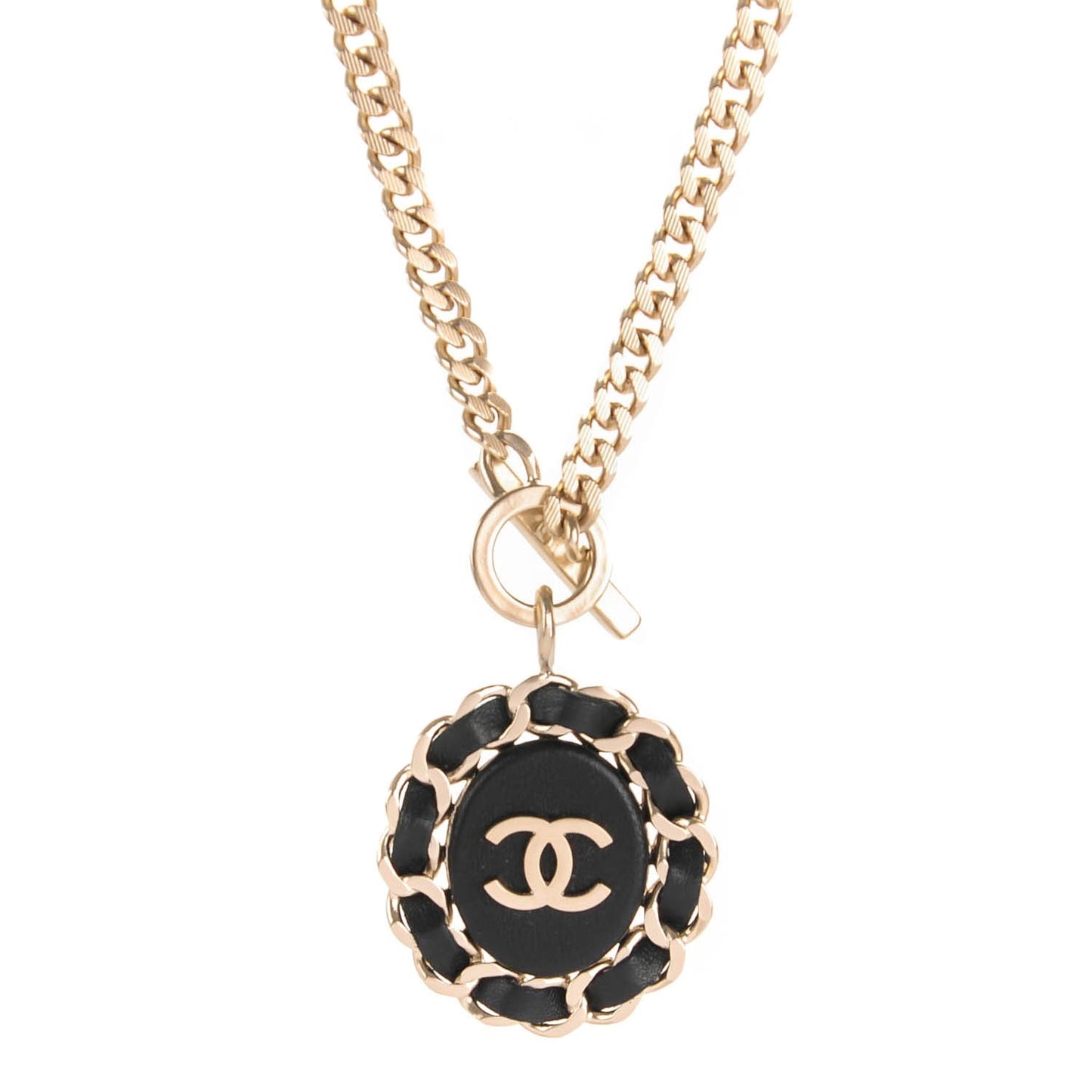 Lambskin CC Chain Pendant Necklace Gold Black