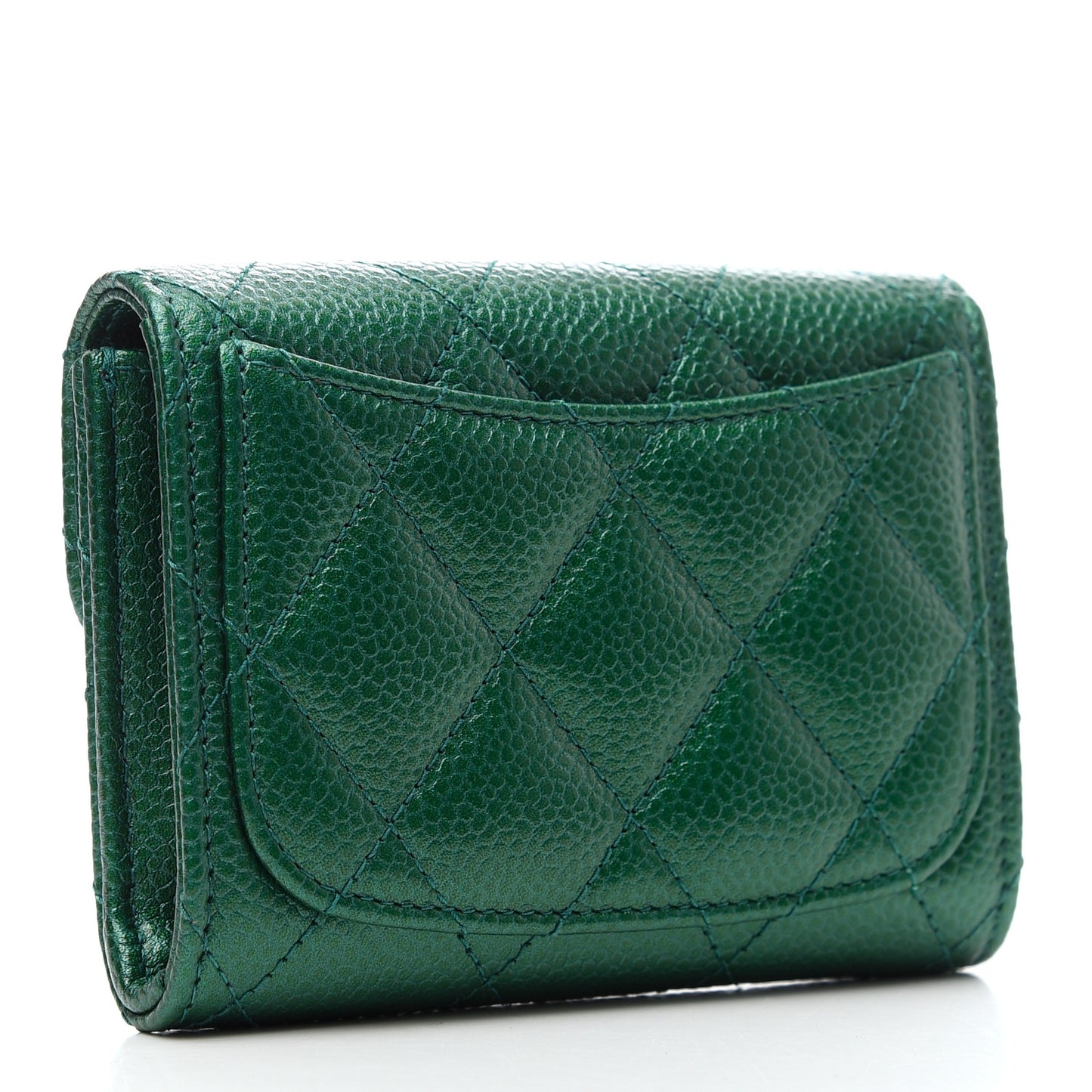 Metallic Caviar Quilted Flap Card Holder Wallet Green