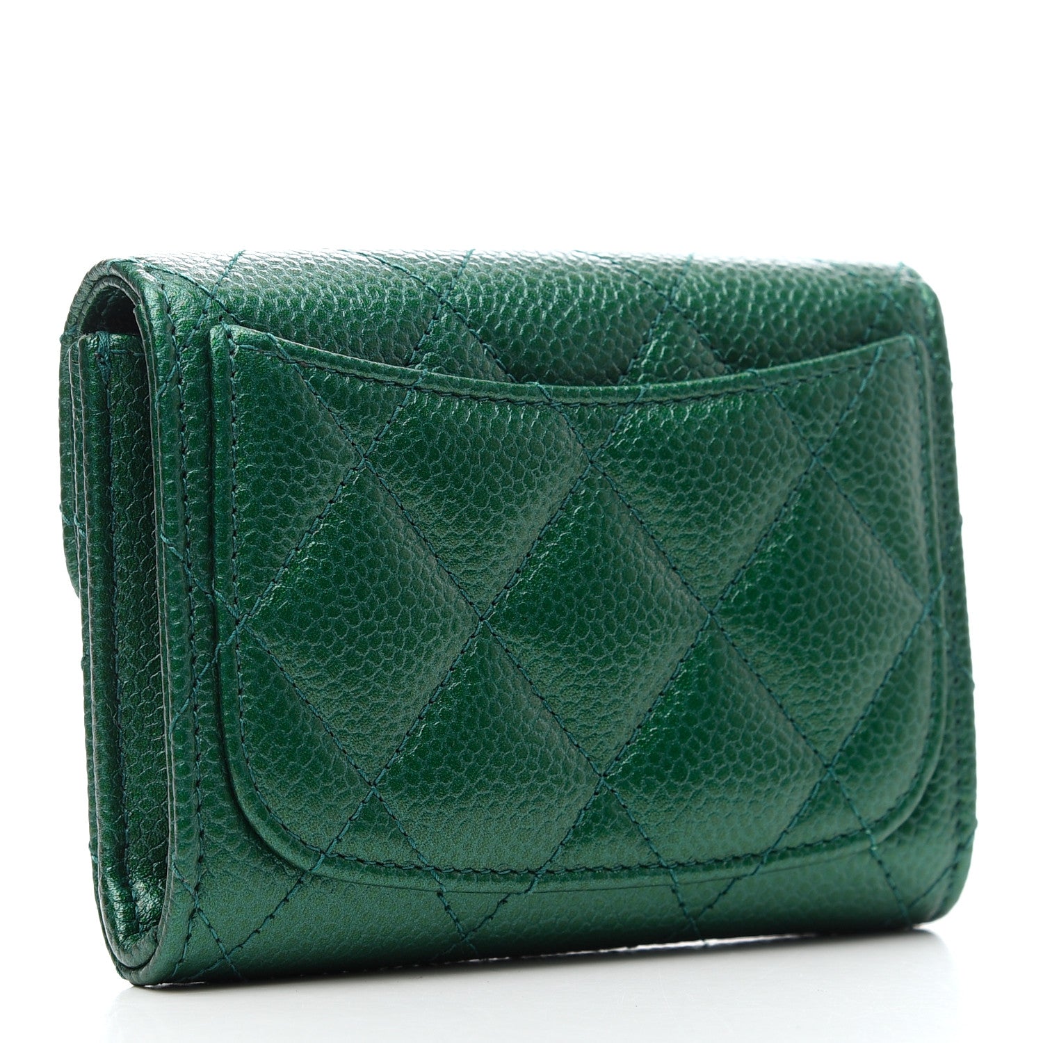 Chanel Metallic Caviar Quilted Flap Card Holder Wallet Green 3 of 8