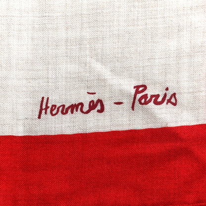 Hermes Cashmere Silk Chevaux Au Pre Shawl 140 Naturel Rouge 4 of 5