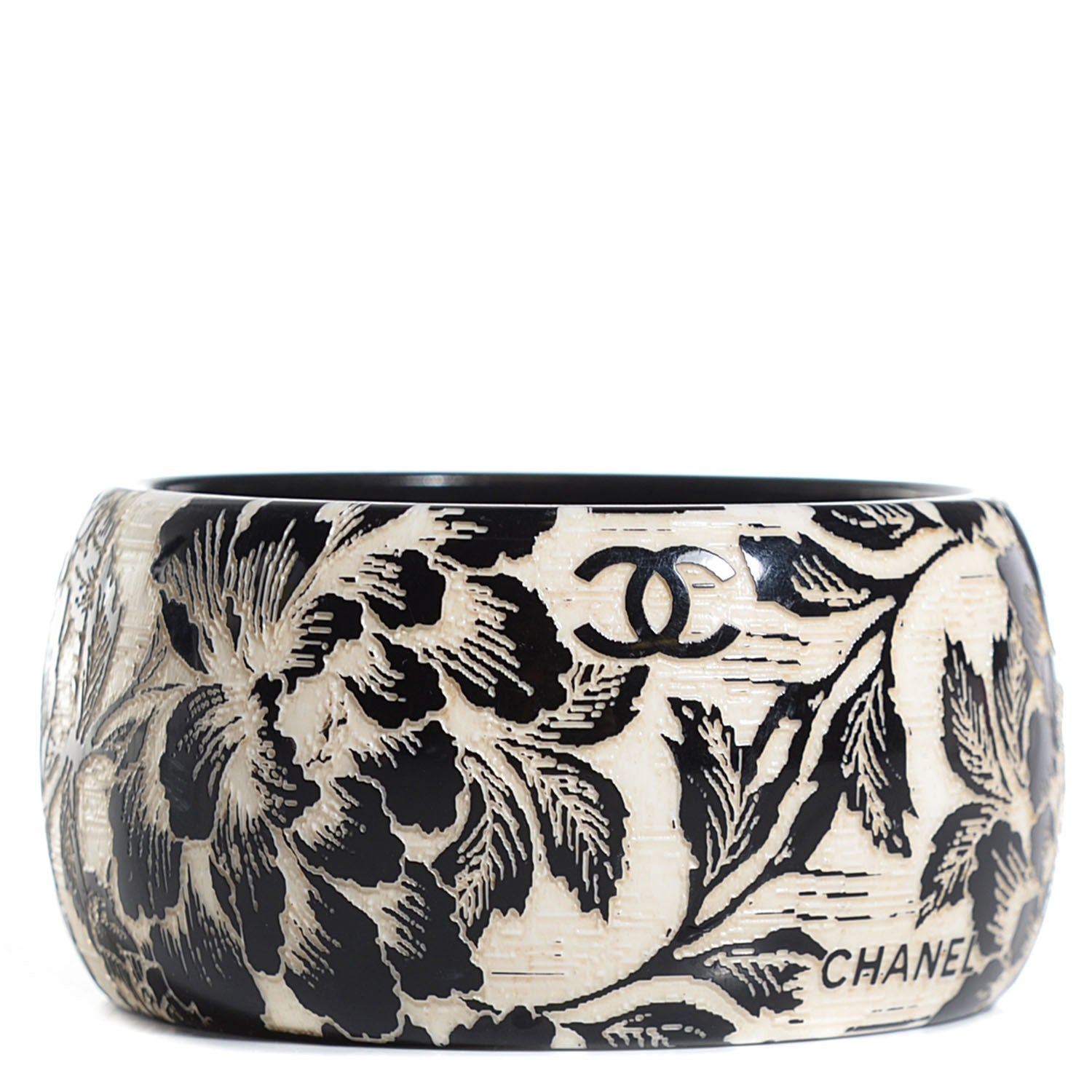 Chanel Resin Laser Etched Floral Bangle Black Cream 2 of 4