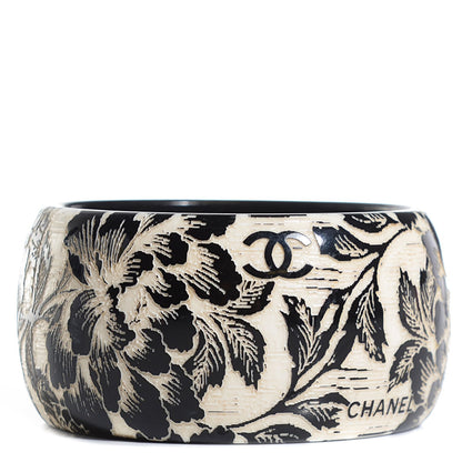Chanel Resin Laser Etched Floral Bangle Black Cream 2 of 4