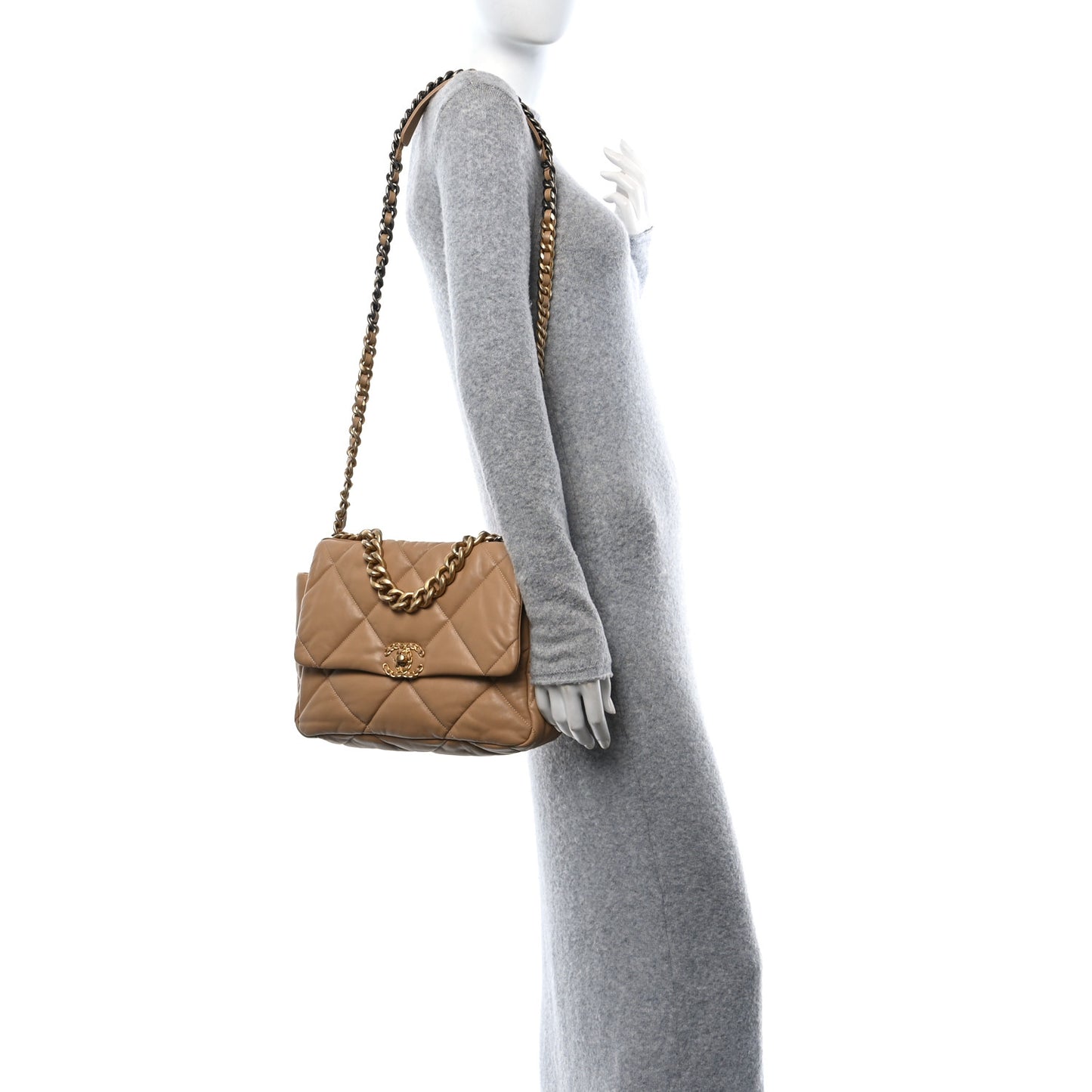 Lambskin Quilted Large Chanel 19 Flap Dark Beige