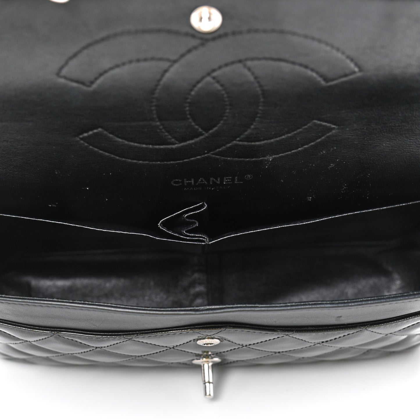 Striated Patent Quilted Jumbo Double Flap Black
