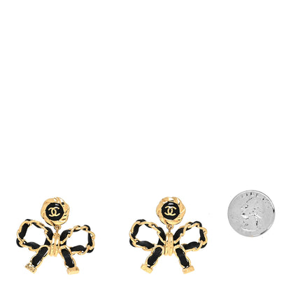 Chanel Lambskin Chain Bow Drop Earrings Black Gold 2 of 4