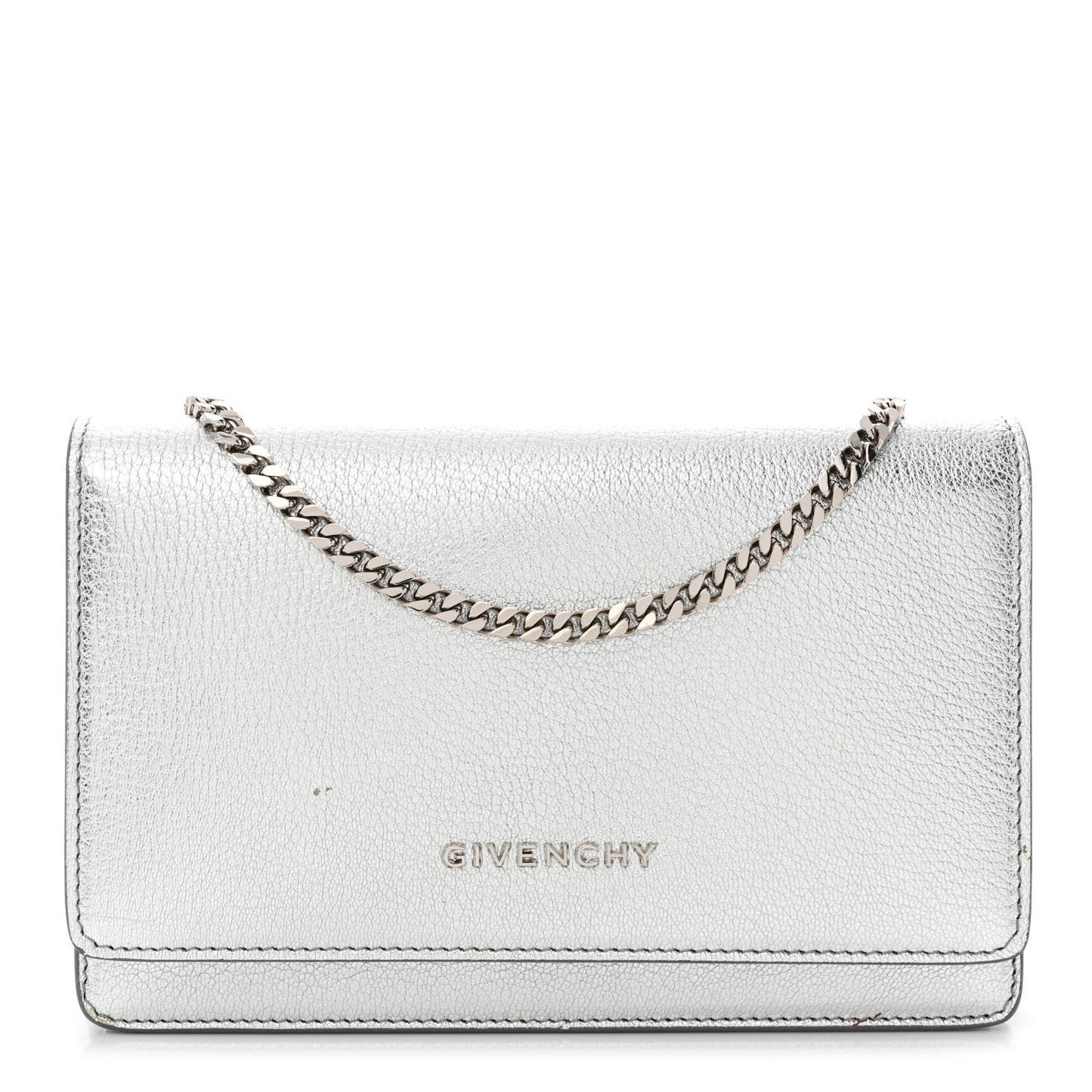 Metallic Calfskin Pandora Chain Wallet Silver