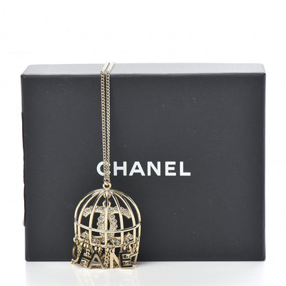 Chanel Metal Crystal Logo Bird Cage Necklace Gold 6 of 6