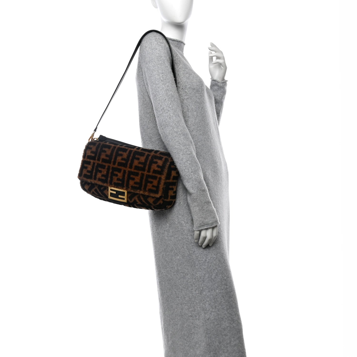 Fendi Shearling Vitello Dolce Macro FF 1974 Large Baguette Tobacco Black 3 of 10