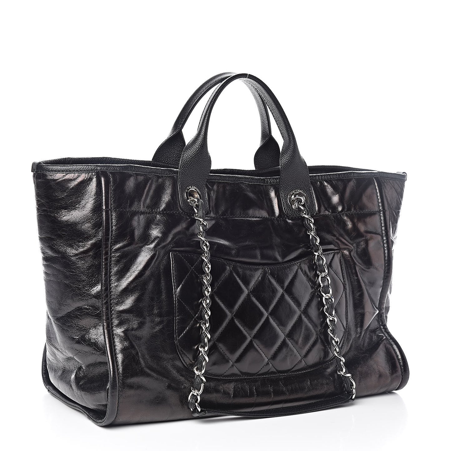 Glazed Calfskin Large Deauville Tote Black