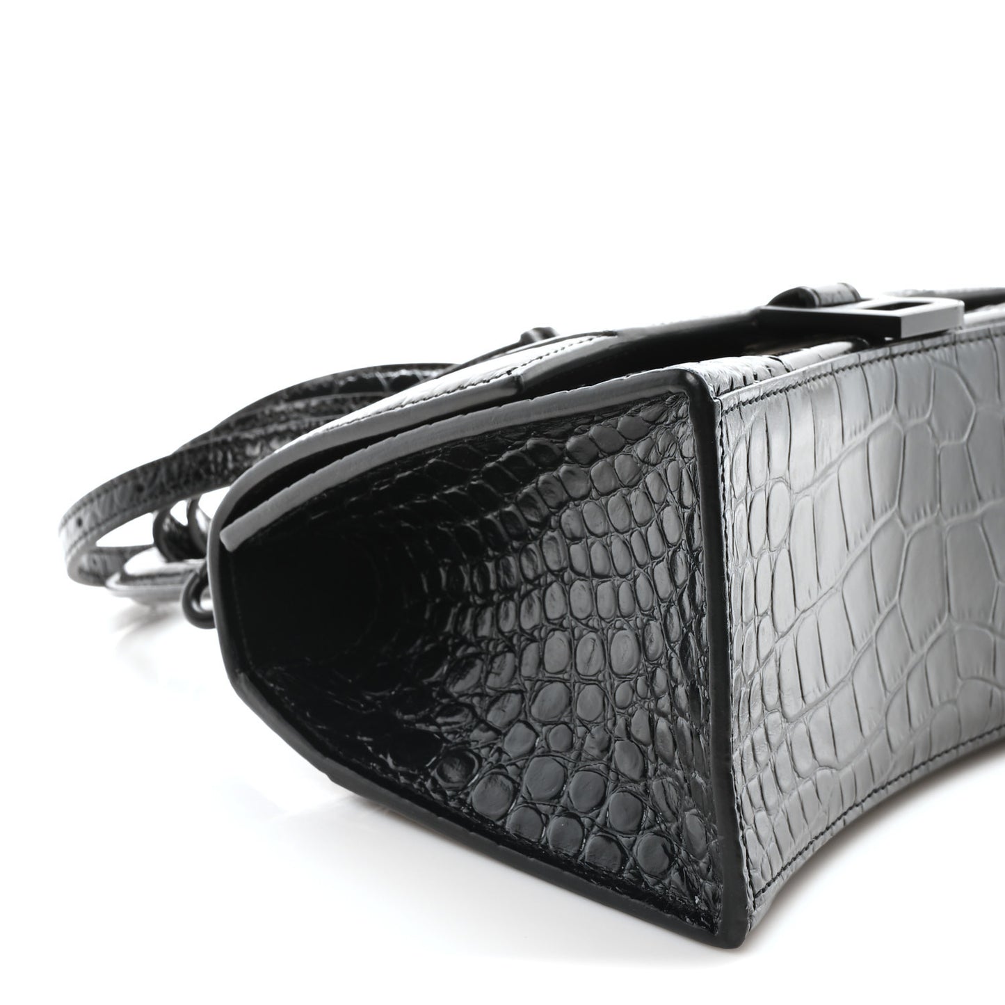 Shiny Calfskin Monochrome Crocodile Embossed Small Hourglass Top Handle Bag Black
