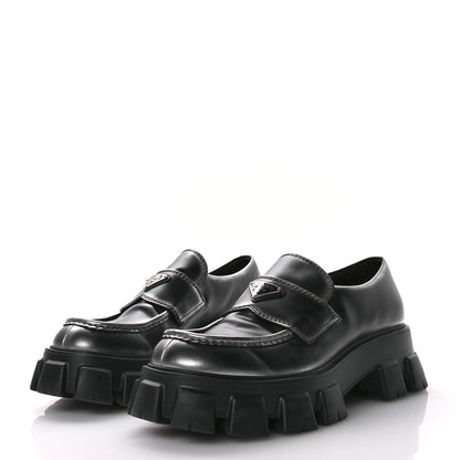 Prada Spazzolato Rois Metal Triangle Logo Mens Monolith 60mm Loafers 11 Black Argento 4 of 9