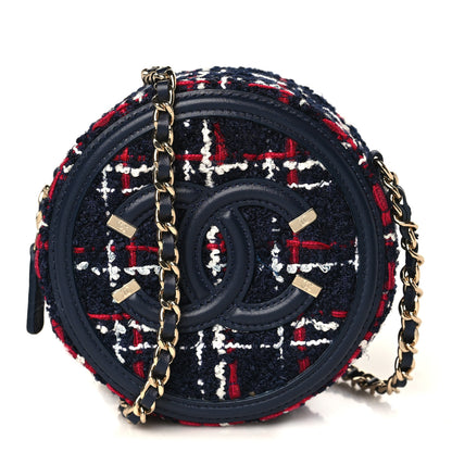 Chanel Tweed Quilted Round Filigree Clutch With Chain Navy Blue 1 of 8
