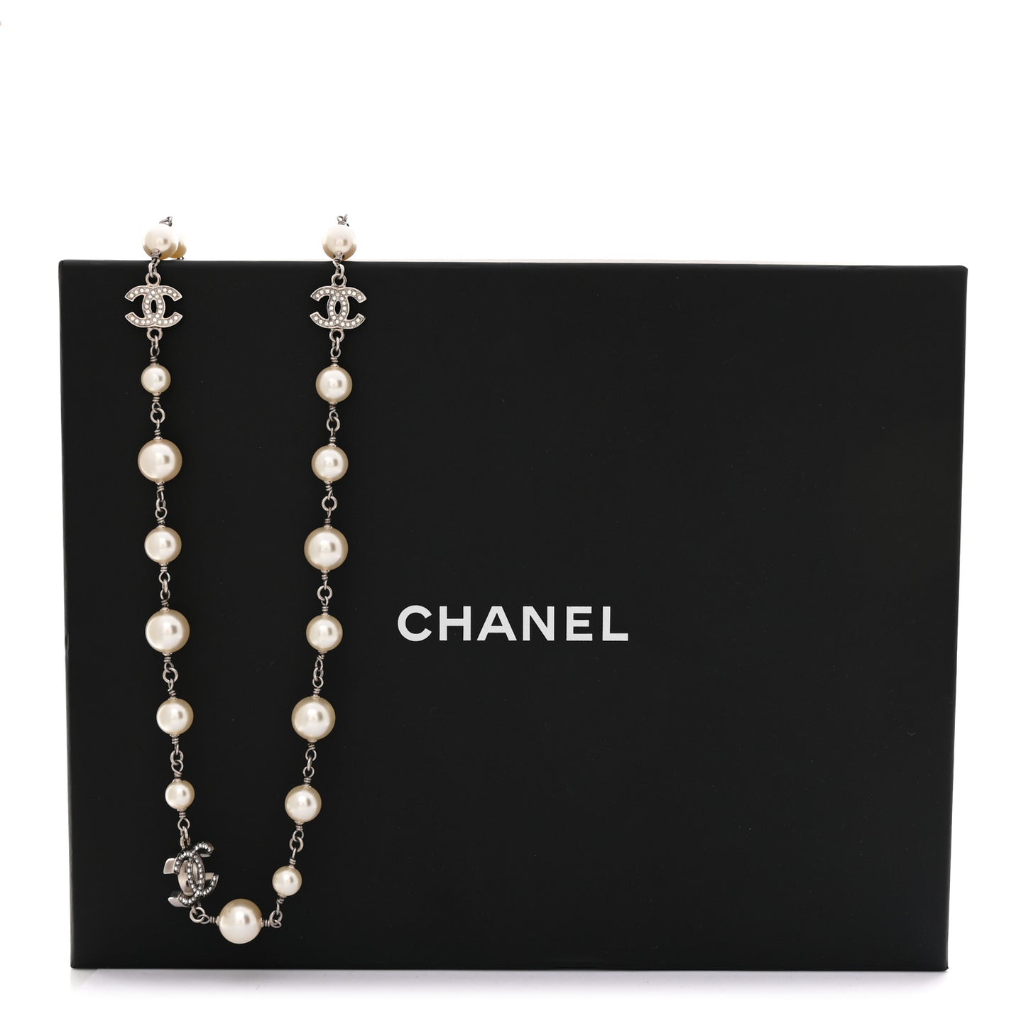 Crystal Pearl CC Long Necklace Silver