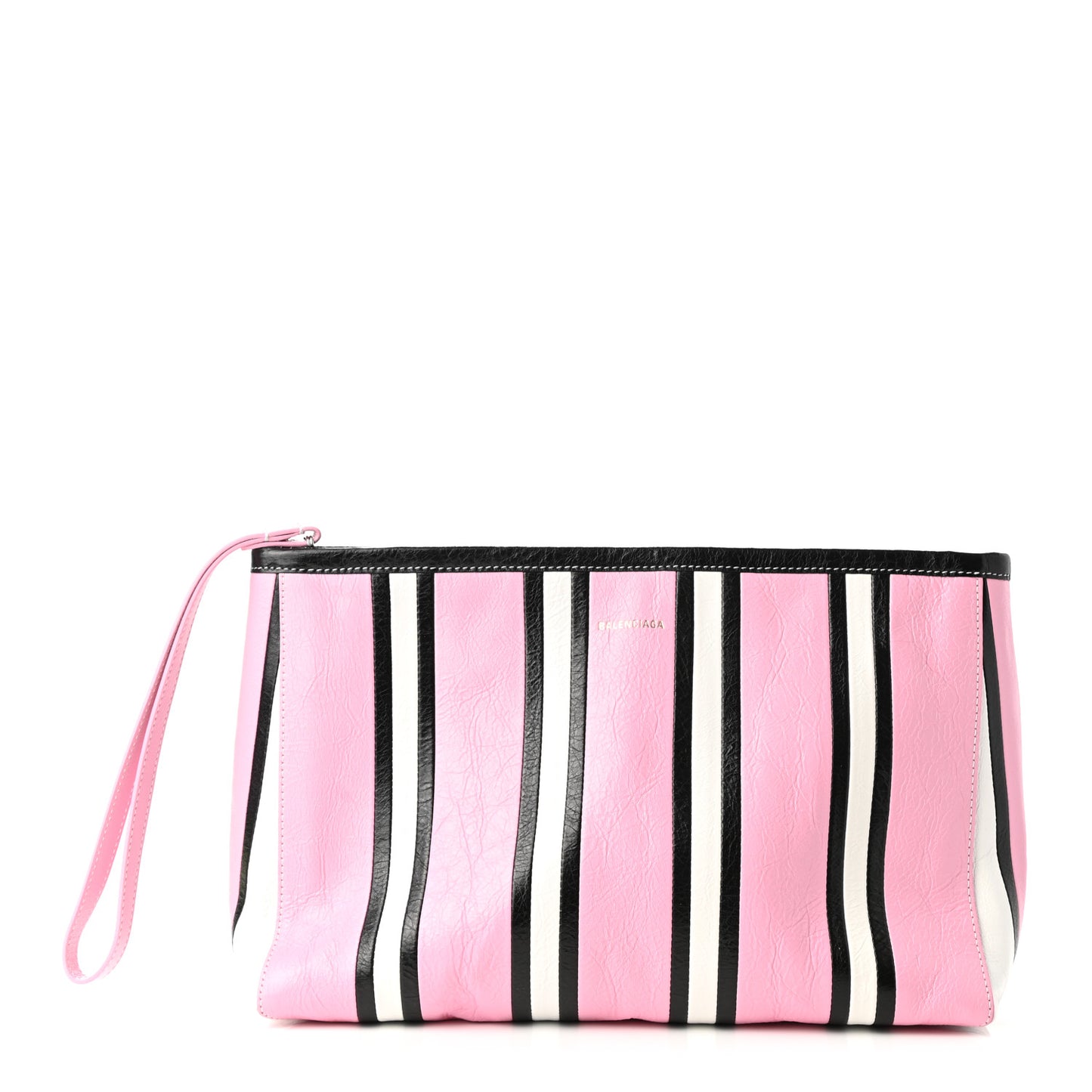Agneau Arena Striped Large Barbes Z Pouch with Handle Candy Pink Black