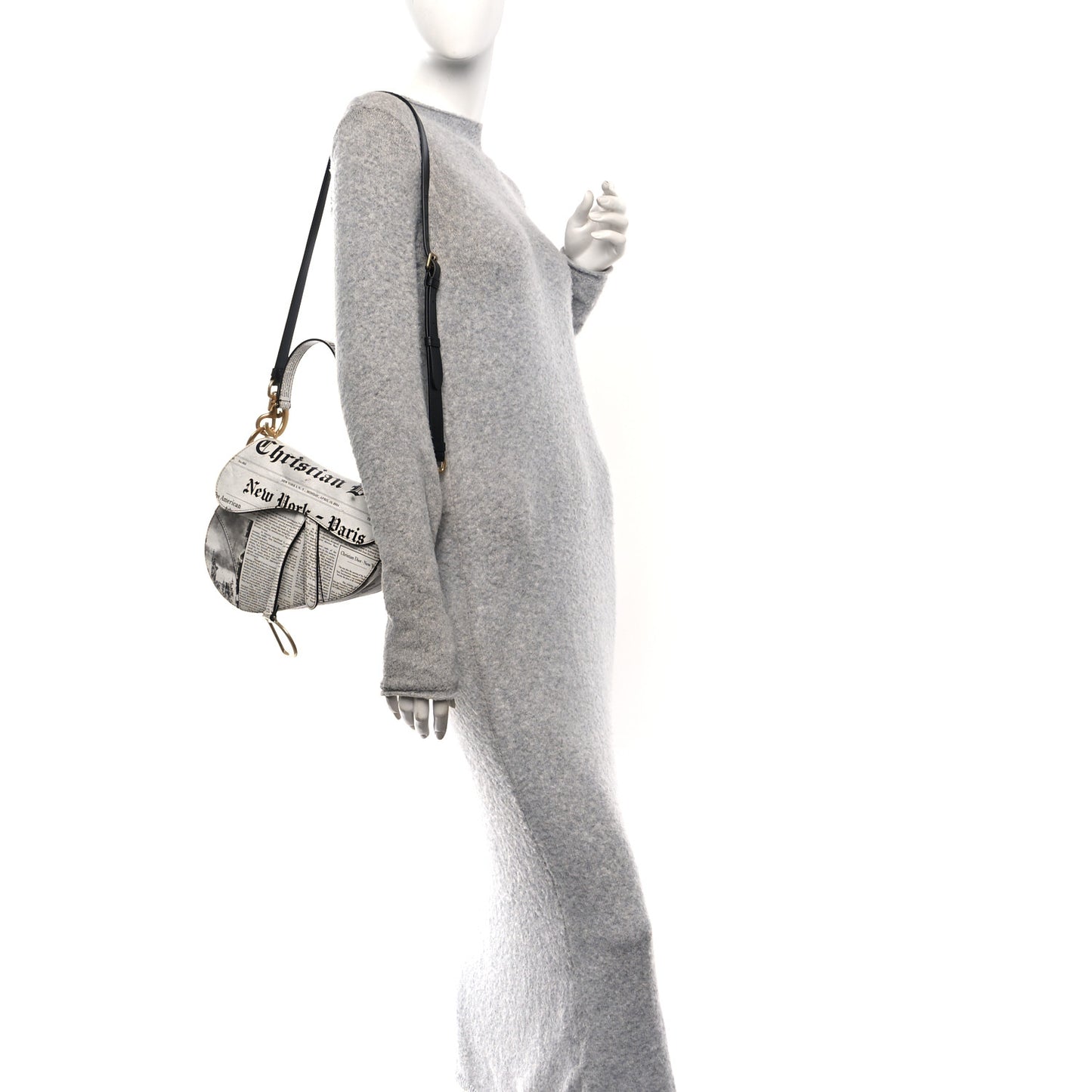 Calfskin Newspaper Printed Saddle Bag With Strap Black White