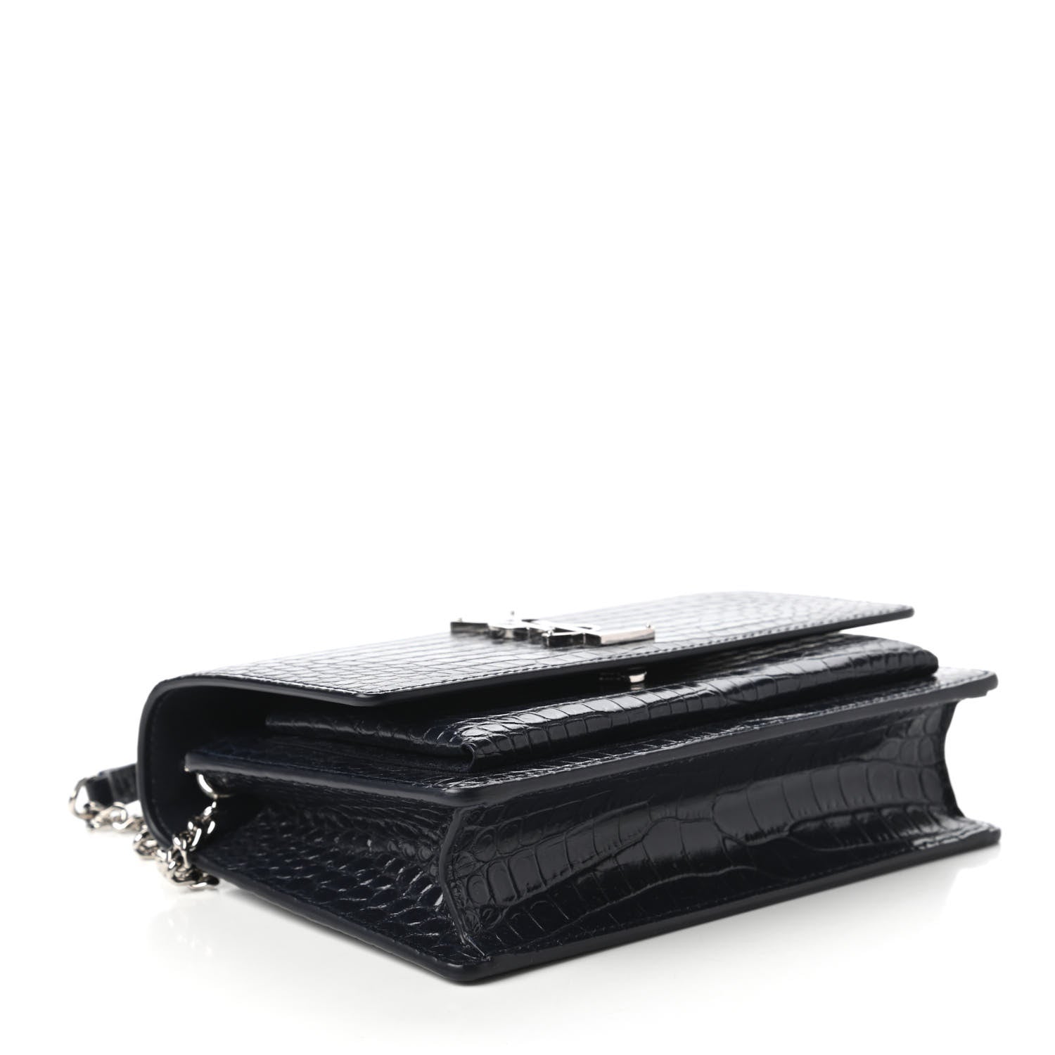 Saint Laurent Calfskin Crocodile Embossed Monogram Sunset Chain Wallet Navy 4 of 10