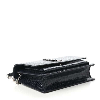 Saint Laurent Calfskin Crocodile Embossed Monogram Sunset Chain Wallet Navy 4 of 10