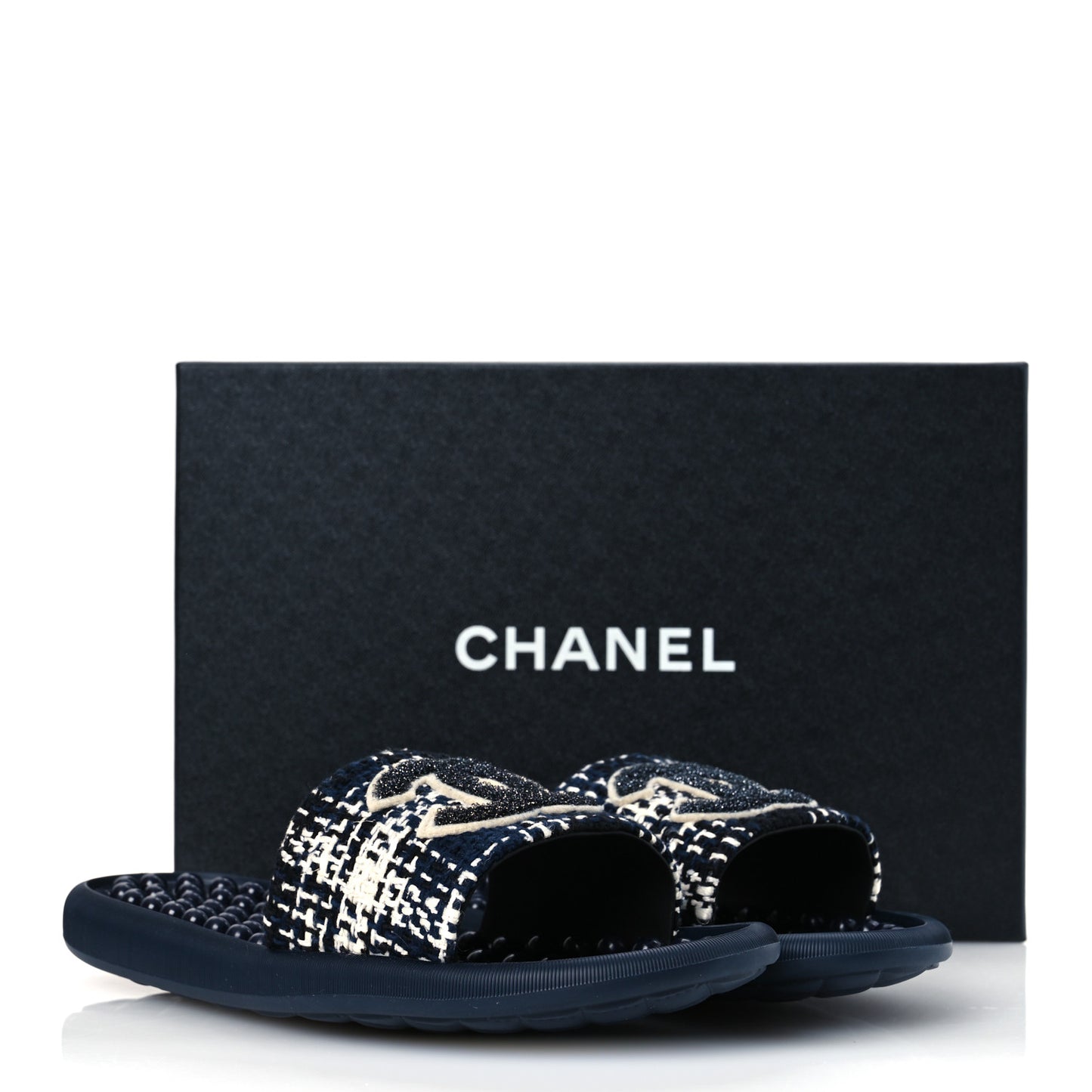 Tweed Rubber CC Flat Mules 40 Navy