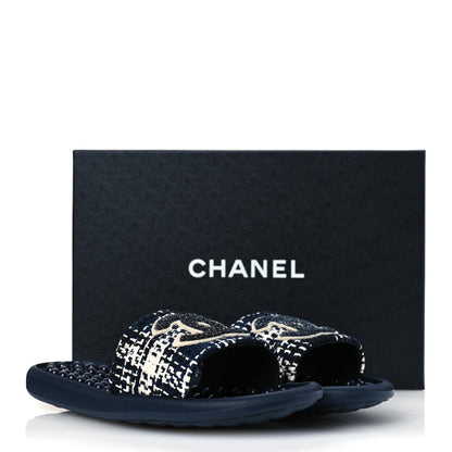 Chanel Tweed Rubber CC Flat Mules 40 Navy 10 of 10