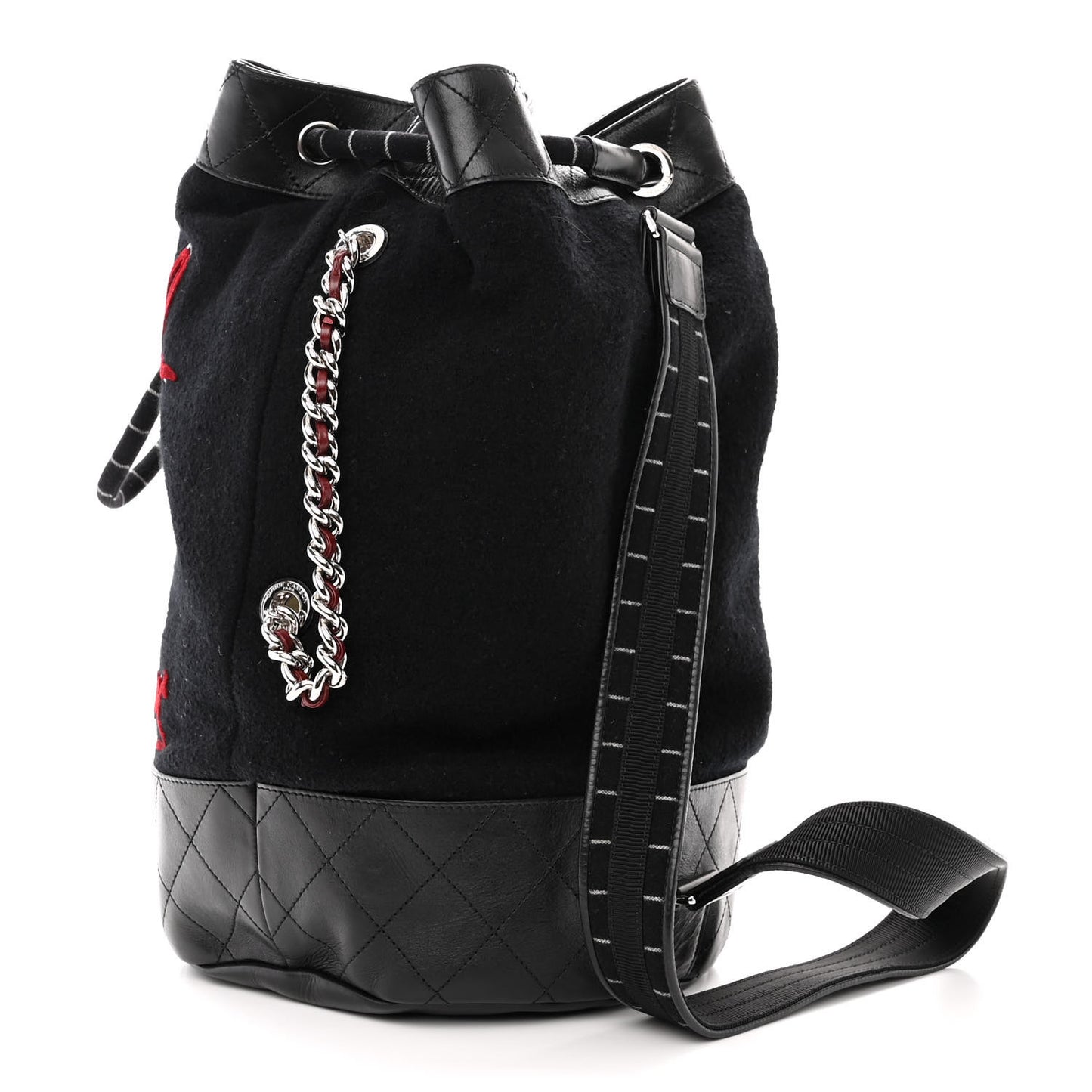 Wool Calfskin Embroidered Paris Hamburg Drawstring Backpack Black