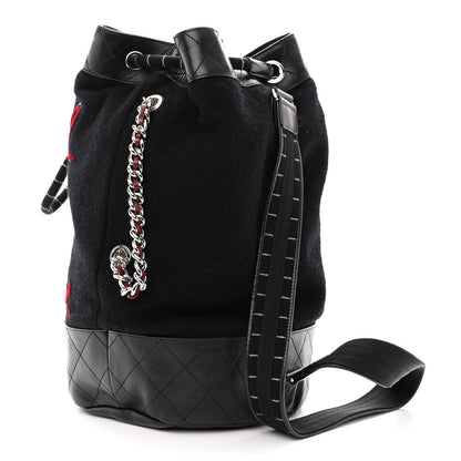 Chanel Wool Calfskin Embroidered Paris Hamburg Drawstring Backpack Black 3 of 11