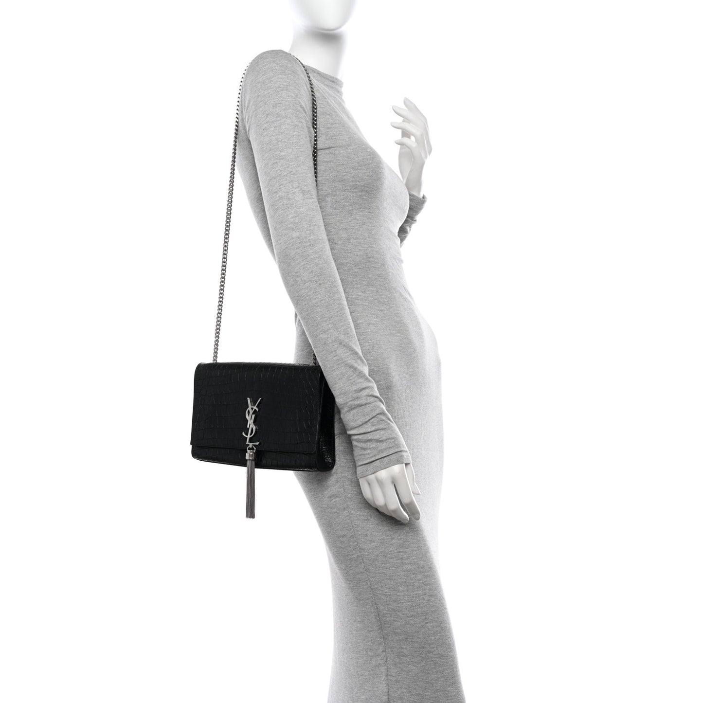 Calfskin Crocodile Embossed Medium Classic Monogram Kate Tassel Satchel Black