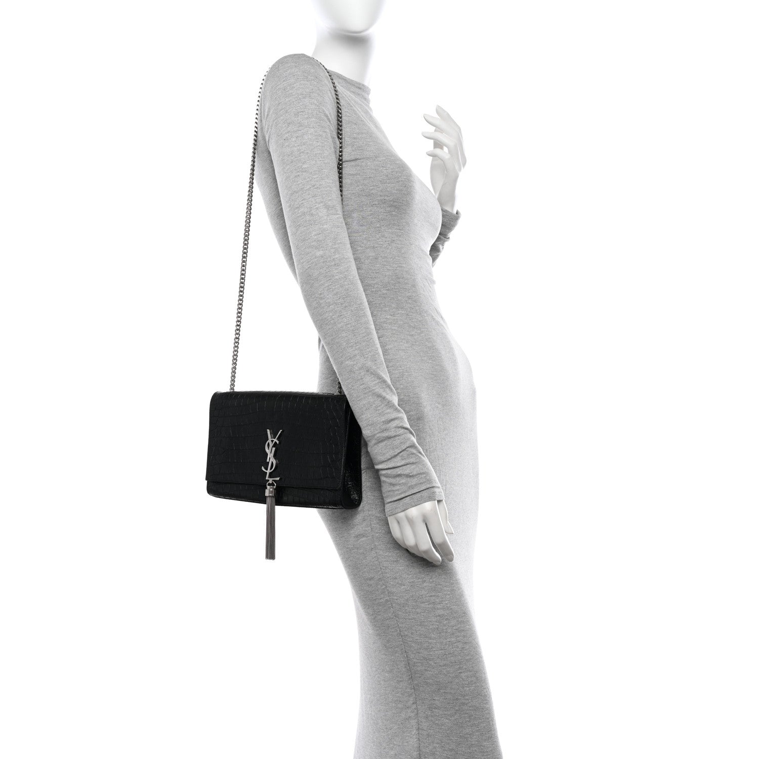 Saint Laurent Calfskin Crocodile Embossed Medium Classic Monogram Kate Tassel Satchel Black 2 of 11