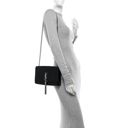Saint Laurent Calfskin Crocodile Embossed Medium Classic Monogram Kate Tassel Satchel Black 2 of 11