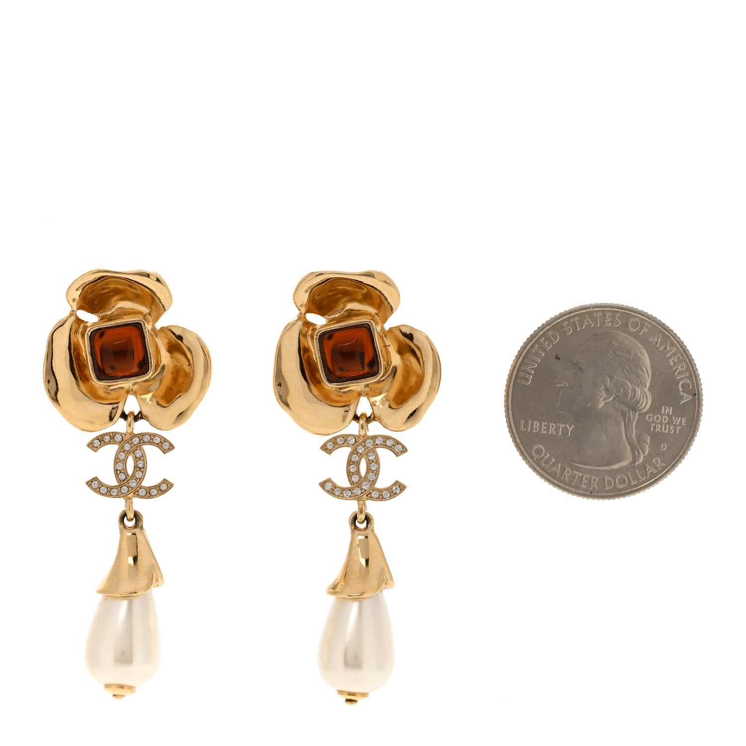 Chanel Metal Resin Pearl CC Camellia Drop Earrings Gold Brown Pearly White 2 of 5
