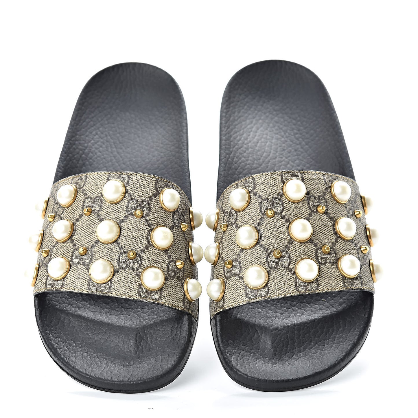 GG Supreme Monogram Pearls Slide Sandals 38 Beige