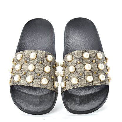 Gucci GG Supreme Monogram Pearls Slide Sandals 38 Beige 5 of 13