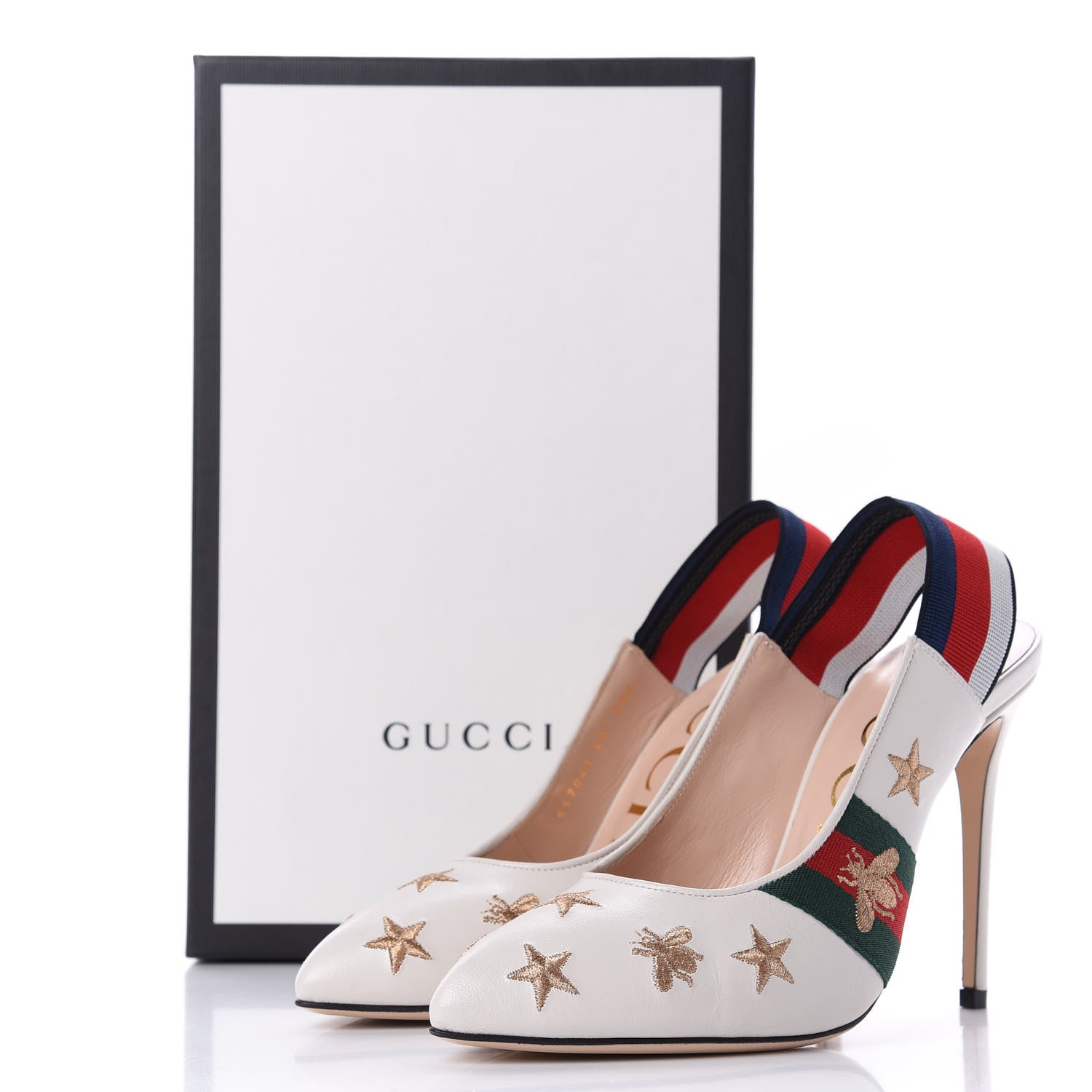 Gucci Malaga Kid Web Bee Star Embroidered Sylvie High Heel Slingback Pumps 40 White 12 of 12