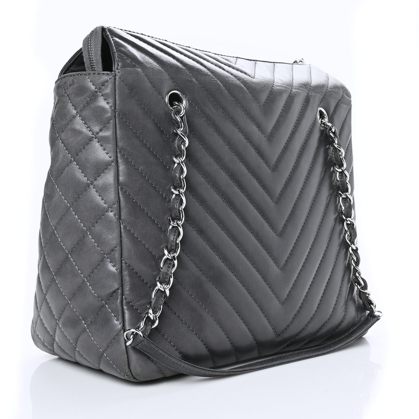 Lambskin Surpique Chevron Quilted Tote Dark Grey