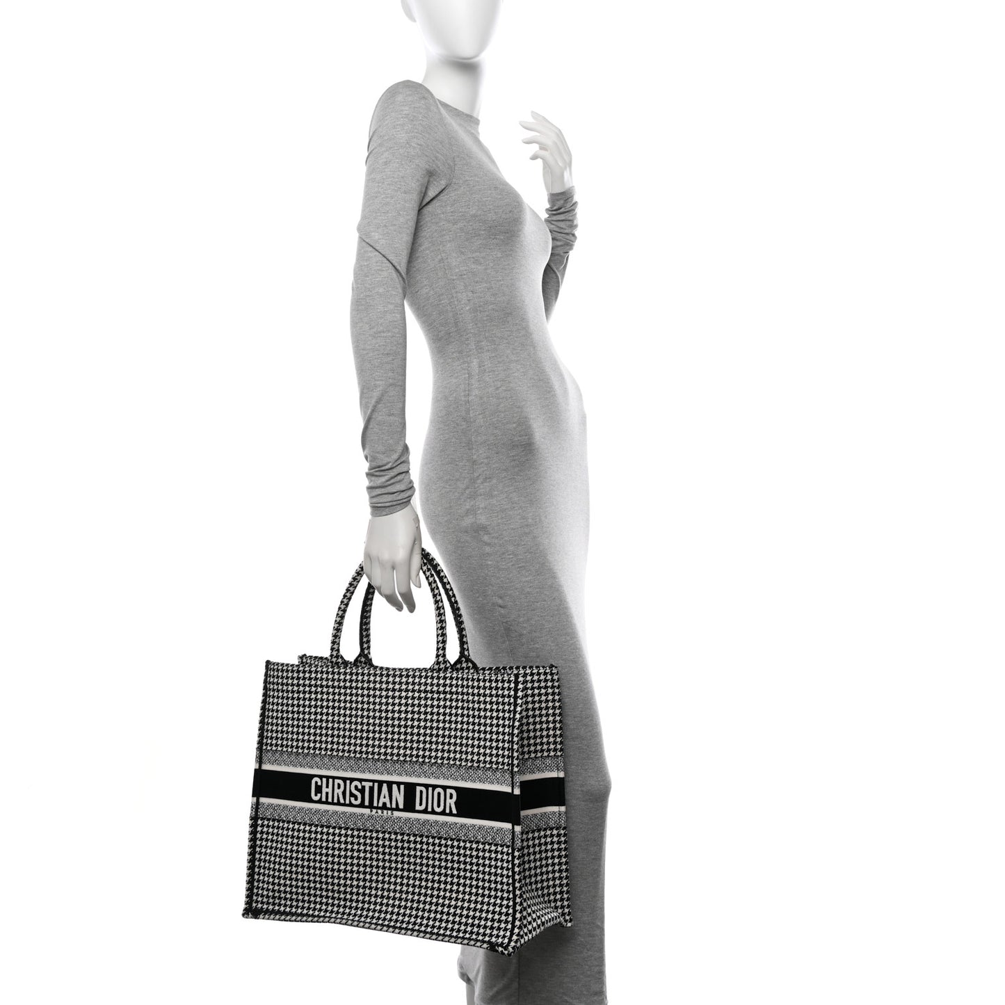 Canvas Houndstooth Embroidered Large Book Tote Black White