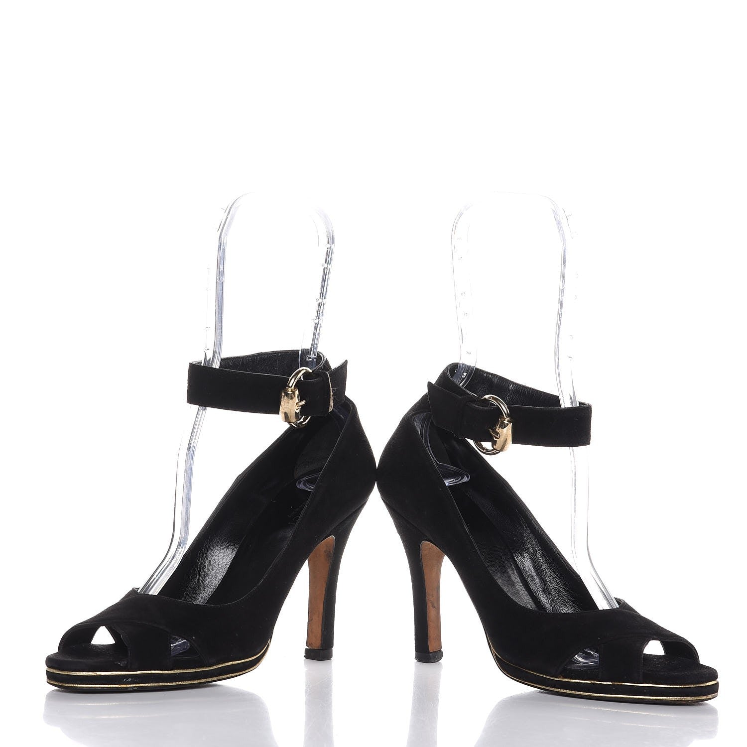 Gucci Suede Ankle Strap Peep Toe Pumps 36 Nero Black Gold 5 of 10
