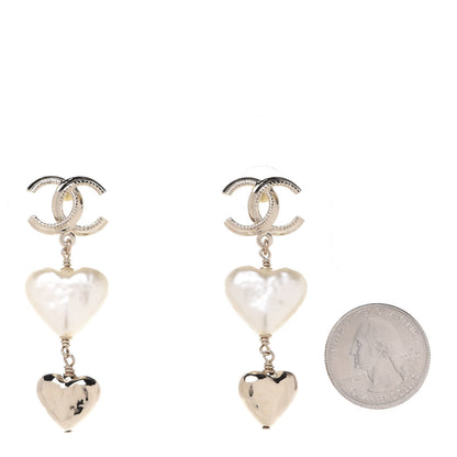Chanel Pearl CC Double Heart Drop Earrings Gold 2 of 5