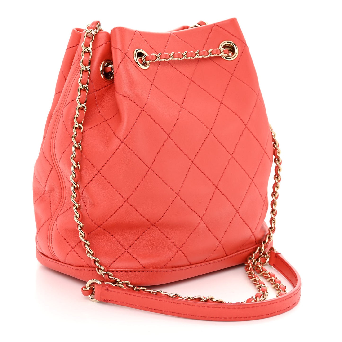Calfskin Stitched Chain Bucket Bag Coral